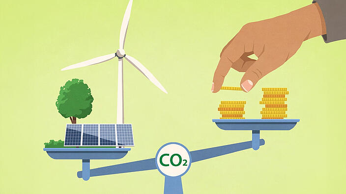 Illustration einer CO2-Waage: Windrad, Baum und Solarpanel auf der einen Seite, auf der anderen Seite Geld