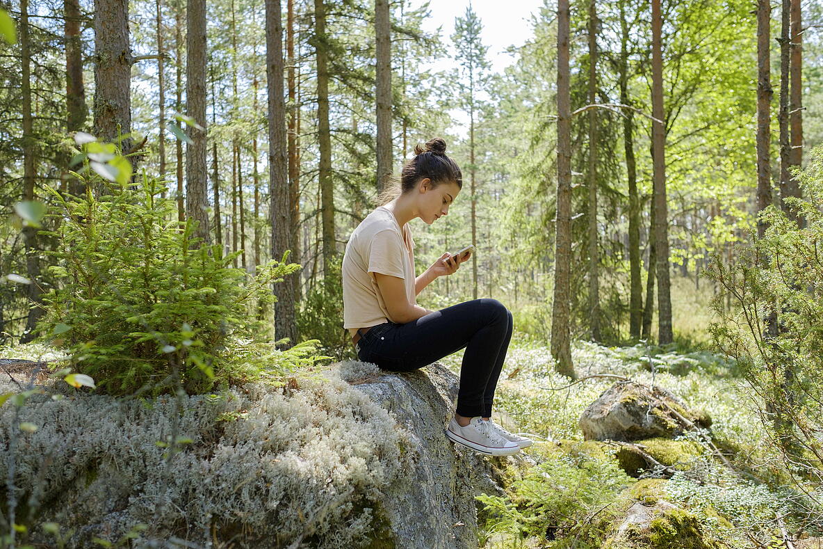 Person die im Wald aufs Smartphone schaut