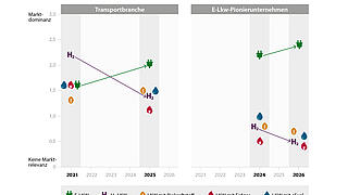 Die Grafik zeigt Einschätzungen zur Marktrelevanz alternativer Lkw-Antriebe und Kraftstoffe für 2030. Verglichen werden Transportbranche und E-Lkw-Pionierunternehmen. In der Transportbranche steigt die erwartete Marktrelevanz von E-Lkw zwischen 2021 und 2025 von etwa 1,6 auf 2,0 Punkte. Wasserstoff-Lkw werden dagegen niedriger eingeschätzt als 2021. Biokraftstoffe, Erdgas und E-Fuels liegen 2025 darunter beziehungsweise im mittleren Bereich. Bei E-Lkw-Pionierunternehmen werden E-Lkw 2024 und 2026 mit Abstand am relevantesten eingeschätzt und steigen von rund 2,2 auf 2,4 Punkte. Alle anderen Optionen – Wasserstoff, Biokraftstoffe, Erdgas und E-Fuels – liegen deutlich niedriger, meist unter 1 Punkt.