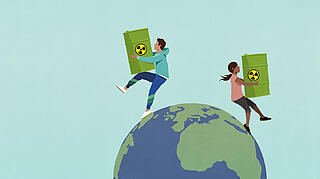 Illustration mit zwei Menschen, die Fässer mit radiaktivem Abfall halten und über die Erdkugel laufen