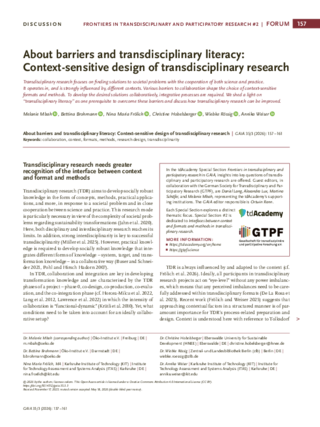 Cover of the publication: About barriers and transdisciplinary literacy: Context-sensitive design of transdisciplinary research