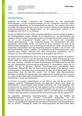 Cover der Publikation: Effekte einer Herausnahme von Erdgaskraftwerken aus dem EU-ETS-1