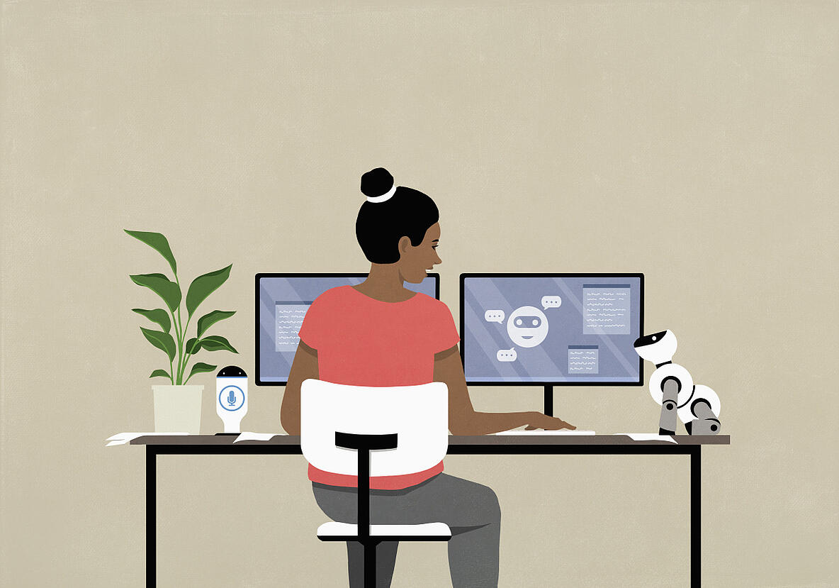 Illustration einer Person die eine KI eines Rechners benutzt, daneben steht ein Roboter