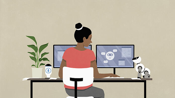 Illustration, Frau am Schreibtisch vor zwei Bildschirmen, mit einem Robotertier