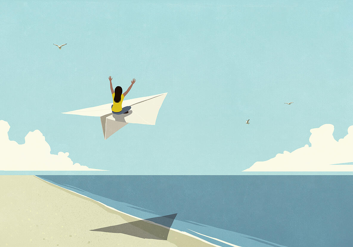 Grafik: Person die auf einem Papierflieger fliegt