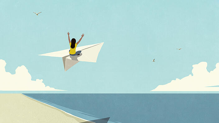 Grafik: Person die auf einem Papierflieger fliegt