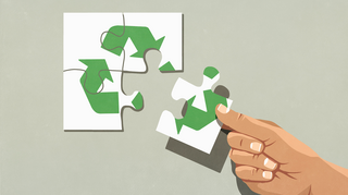 Kreislaufsymbol auf einem Puzzle mit Hand, die das vierte und letzte Puzzlestück einfügt