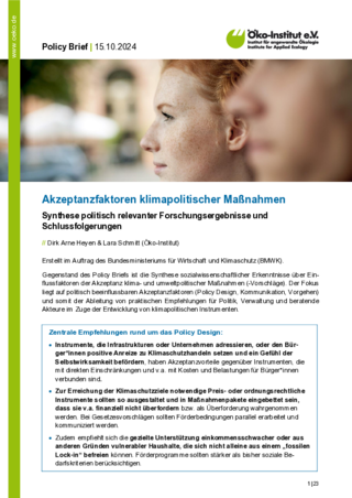 Cover der Publikation: Akzeptanzfaktoren klimapolitischer Maßnahmen