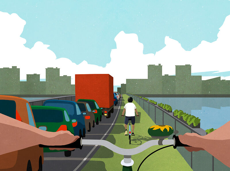 Illustration: Fahrrad fährt neben einer vollen Autostrasse