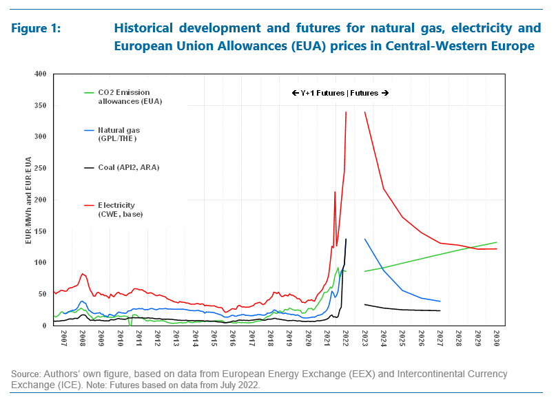Development for natural gas, electricity and European Union Allowances (EUA) prices, Quelle: Öko-Institut